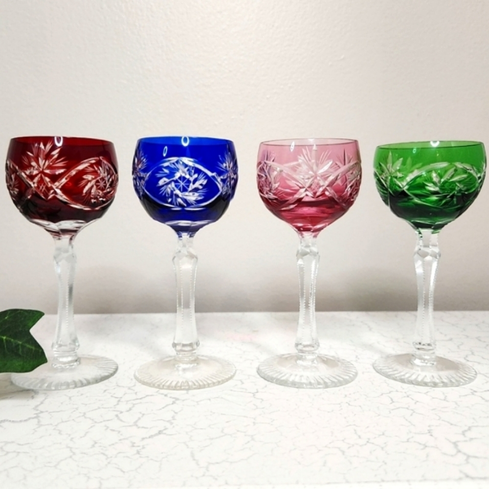 🔥FINAL💲⬇️Set of 4+ Vintage Crystal Coloured Cordial Shot Glasses ~ EUC